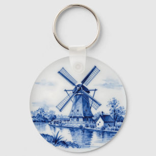Classic Delft Blue Windmill Canal Scene Keychain