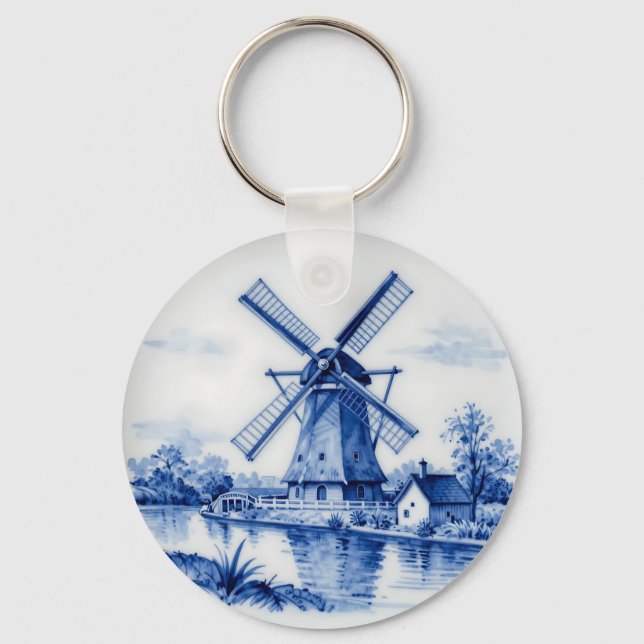 Classic Delft Blue Windmill Canal Scene Keychain (Front)