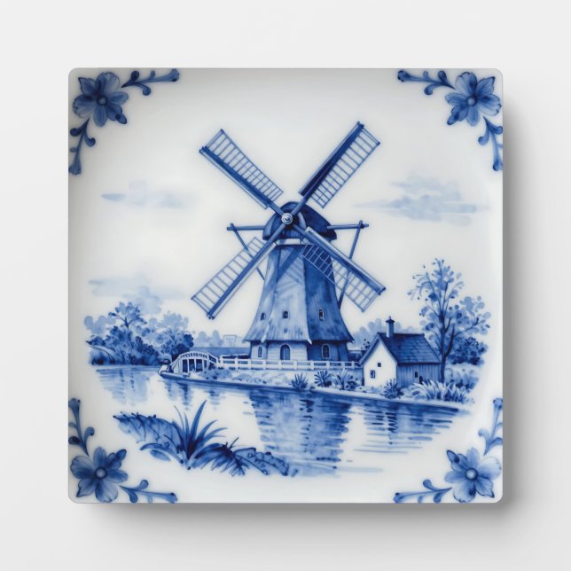 Classic Delft Blue Windmill Canal Scene Plaque (Front)