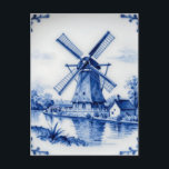 Classic Delft Blue Windmill Canal Scene Postcard<br><div class="desc">Evoke the timeless charm of the Netherlands with this iconic Delft blue porcelain-inspired design. A traditional Dutch windmill stands proudly beside a serene canal, complete with a drawbridge, quaint house, and lush foliage, all rendered in rich cobalt blue on a crisp white background. Delicate floral borders frame the scene, adding...</div>