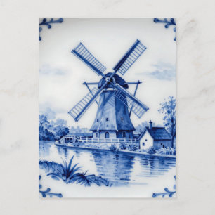 Classic Delft Blue Windmill Canal Scene Postcard
