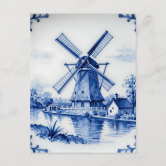Classic Delft Blue Windmill Canal Scene Postcard