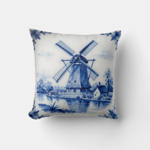 Classic Delft Blue Windmill Canal Scene Throw Pillow