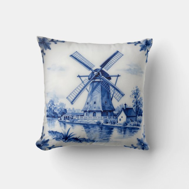 Classic Delft Blue Windmill Canal Scene Throw Pillow (Front)