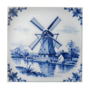 Classic Delft Blue Windmill Canal Scene Tile