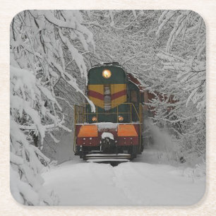 Classic Diesel Train Engine Square Paper Coaster