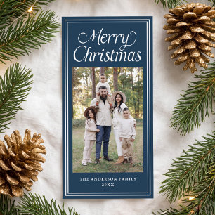 Classic Double Border Navy 3 Photo Christmas Holiday Card