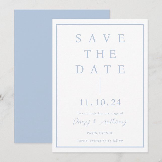 Classic Dusty Blue Border | Simple Elegant Save The Date (Front/Back)