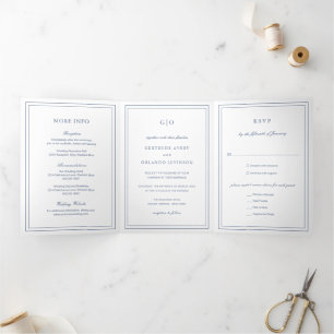 Classic Dusty Blue Elegant Wedding Tri-Fold Invitation