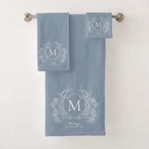 Classic Dusty Blue Floral Crest Monogram Bath Towel Set
