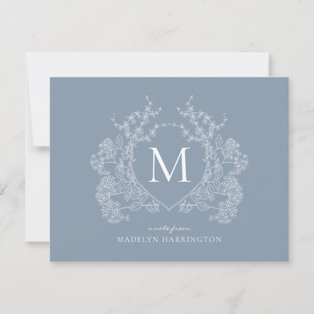 Classic Dusty Blue Floral Crest Monogram Card (Front)