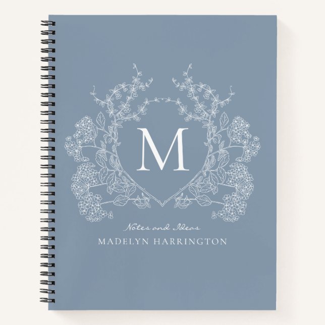 Classic Dusty Blue Floral Crest Monogramme Journal (Devant)