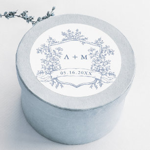 Classic Dusty Blue Floral Crest Monograms Round Sticker