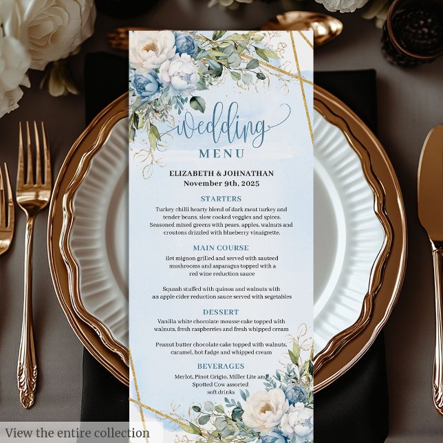 Classic Dusty Blue Floral Green Menu Mariage (Classic Dusty Blue Floral Greenery Wedding Menu)