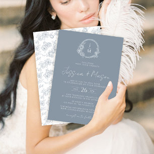 Classic dusty blue floral monogram wedding invitation