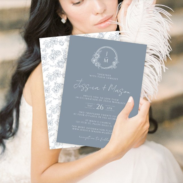 Classic dusty blue floral monogram wedding invitation (Creator Uploaded)