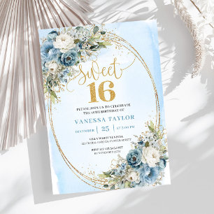 Classic Dusty Blue Floral Sweet 16th Birthday  Invitation