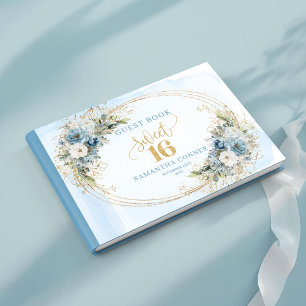 Classic Dusty Blue Floral Sweet 16th Guest Sign Book