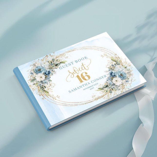 Classic Dusty Blue Floral Sweet 16th Guest Sign  Book (Classic Dusty Blue Floral Sweet 16th Guest Sign Book)