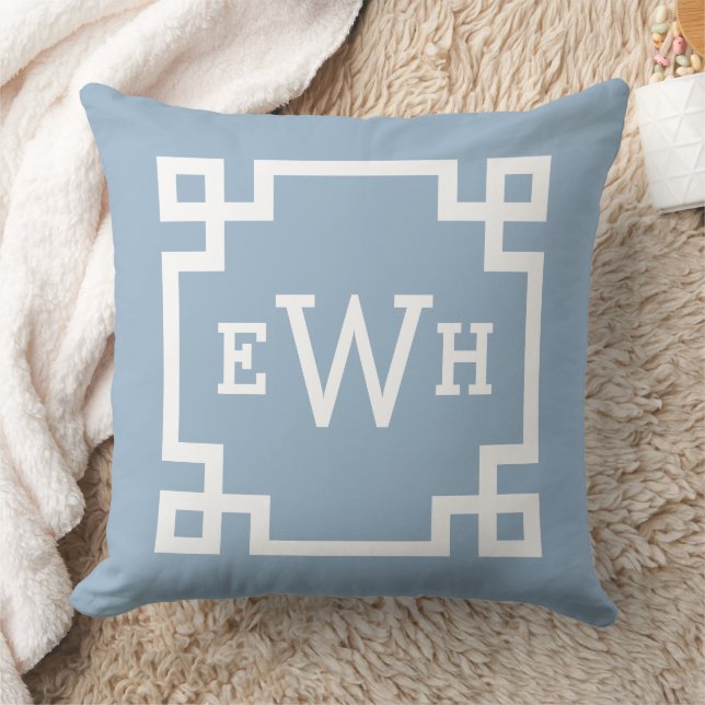 Classic Dusty Blue Greek Key Monogram Initial Throw Pillow (Blanket)
