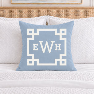 Classic Dusty Blue Greek Key Monogram Initial Throw Pillow