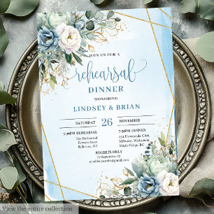 Classic Dusty Blue Greenery Gold Frame Rehearsal   Invitation