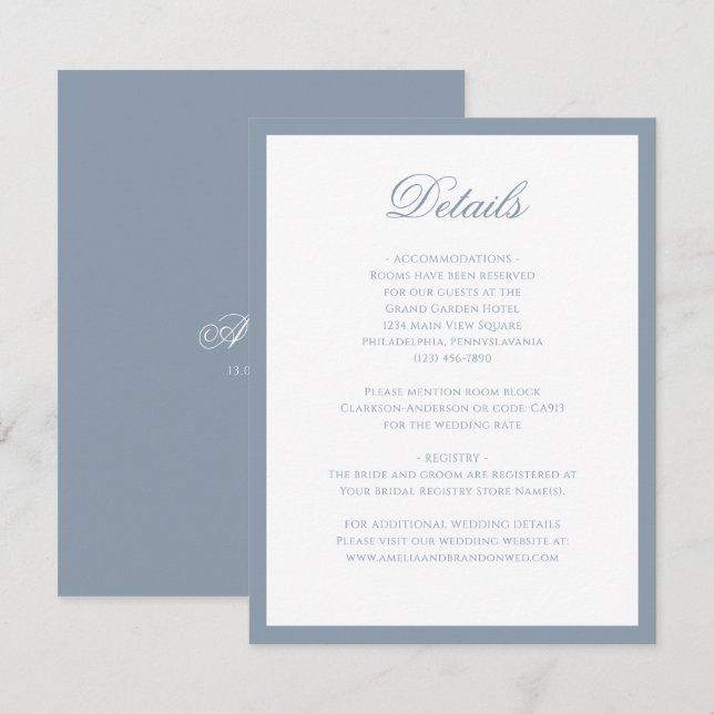 Classic Dusty Blue Monogram Script Wedding Details Enclosure Card (Front/Back)