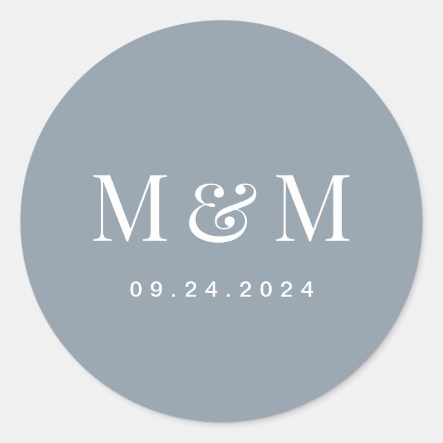 Classic Dusty Blue Monogram Typography Wedding Round Sticker (Front)