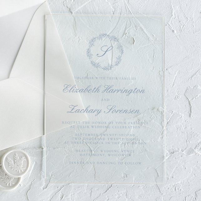Classic Dusty Blue Monogram Wreath Script Wedding Acrylic Invitations (Creator Uploaded)