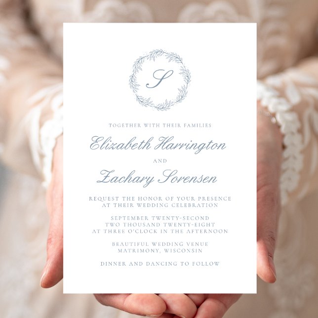 Classic Dusty Blue Monogram Wreath Script Wedding Invitation (Creator Uploaded)