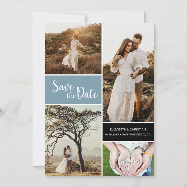 Classic Dusty Blue Photo Collage Wedding Save The Date (Front)