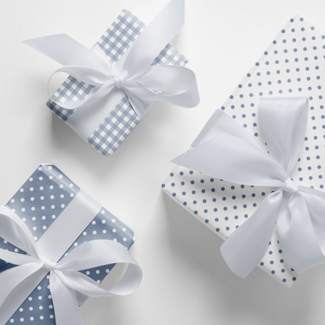 Classic Dusty Blue Polka Dots Gingham Pattern Mix Wrapping Paper Sheet (Dusty blue and white polka dots and gingham checks pattern mix and match wrapping paper sheets.)