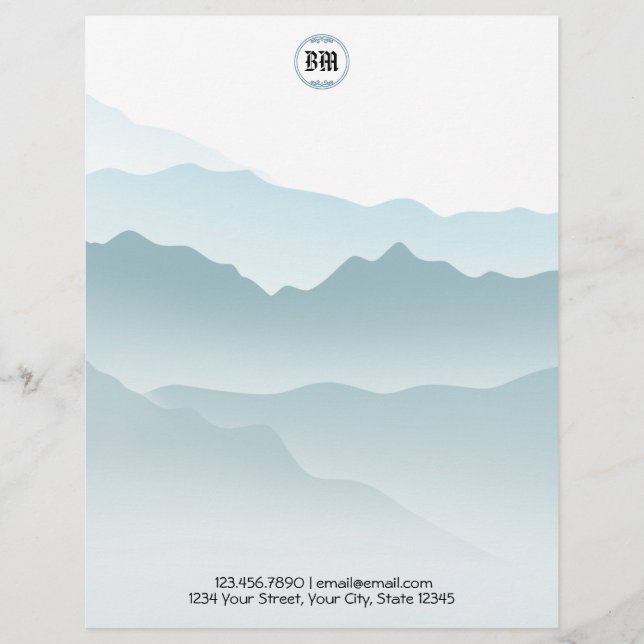 Classic Dusty Blue Rolling Mountains View  Letterhead (Front)