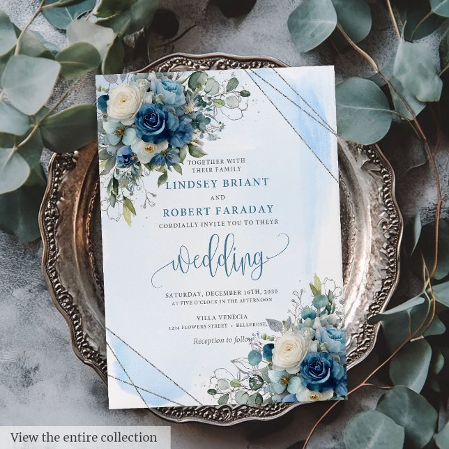Classic Dusty Blue Silver White Floral Wedding  Invitation (Classic Dusty Blue Silver White Floral Wedding Invite)