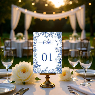 Classic Dusty Blue Toile Floral Wedding Table Number