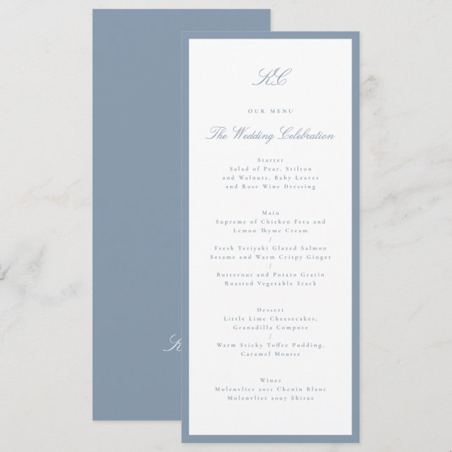 Classic Dusty Blue Wedding Menu (Front/Back)