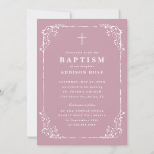 Classic Dusty Pink Dainty Floral Frame Baptism Invitation