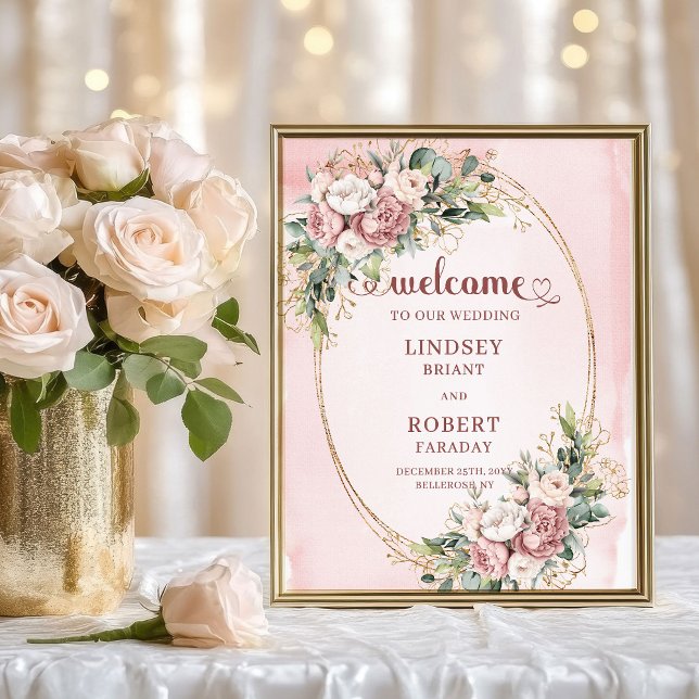 Classic Dusty Pink Flowers Gold Welcome Sign (Classic Dusty Pink Flowers Gold Welcome Sign)