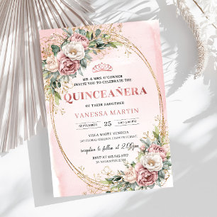 Classic Dusty Pink Flowers Greenery Quinceanera Invitation