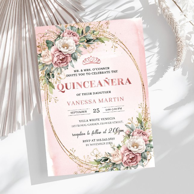 Classic Dusty Pink Flowers Greenery Quinceanera Invitation (Classic Dusty Pink Flowers Greenery Quinceañera)