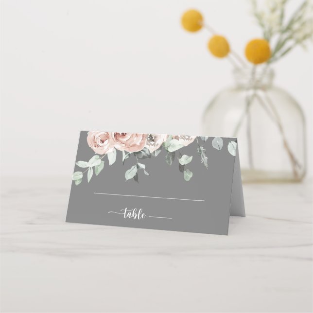 Classic Dusty Pink Rose Floral Grey Wedding  Place Card (Front)