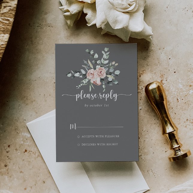 Classic Dusty Pink Rose Floral Grey Wedding RSVP (Creator Uploaded)
