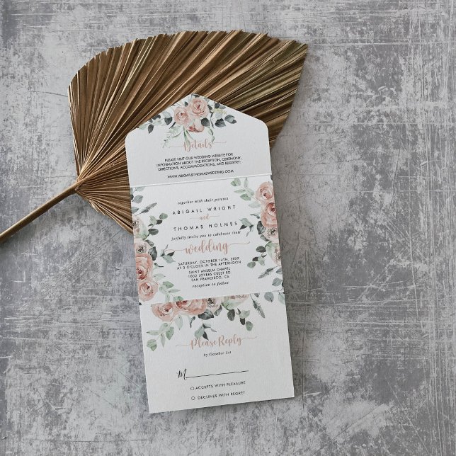 Classic Dusty Pink Rose Floral Wedding   All In One Invitation (Creator Uploaded)