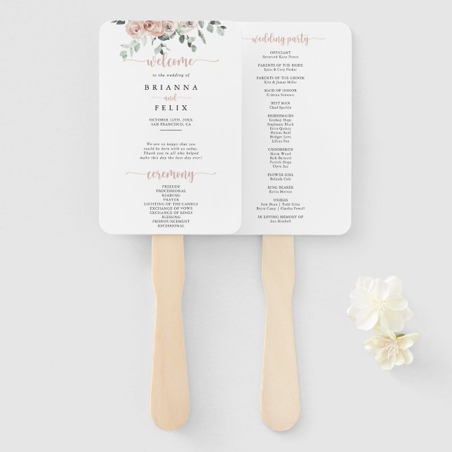 Classic Dusty Pink Rose Floral Wedding  Hand Fan (Front and Back)