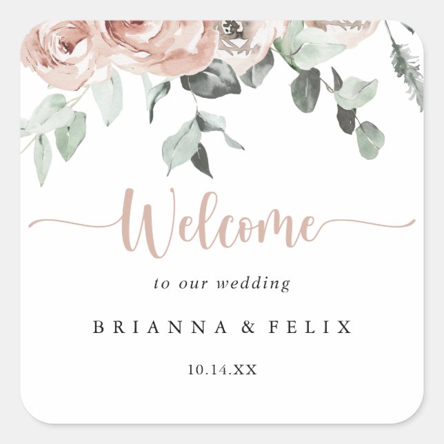 Classic Dusty Pink Rose Floral Wedding Welcome   Square Sticker (Front)