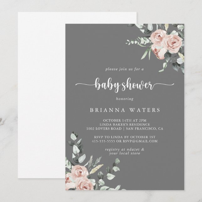 Classic Dusty Pink Rose Grey Baby Shower  Invitation (Front/Back)