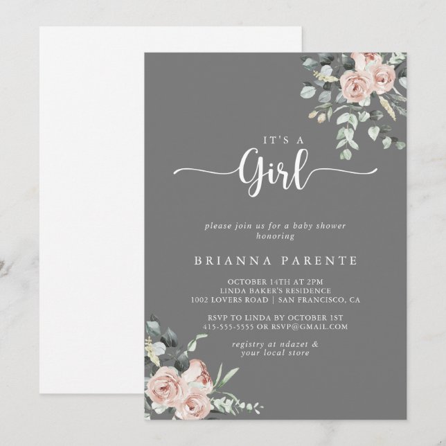 Classic Dusty Pink Rose Grey It's A Girl   Invitation (Front/Back)