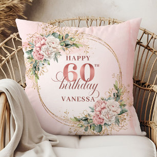 Classic Dusty Pink Watercolor Flowers 60 birthday Throw Pillow
