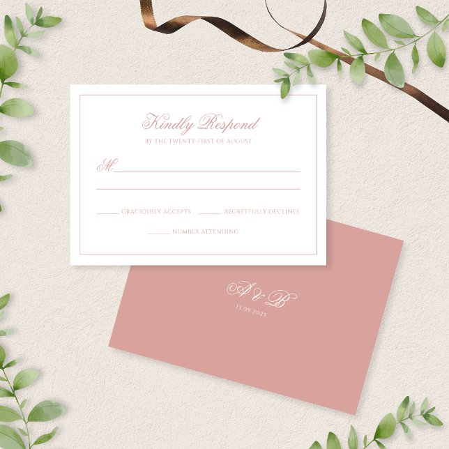 Classic Dusty Rose Monogram Script Border Wedding RSVP Card (Creator Uploaded)