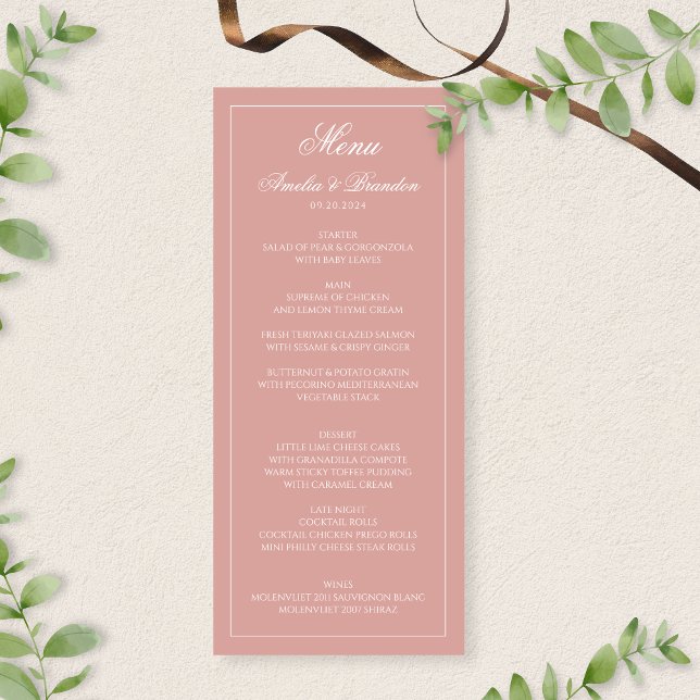 Classic Dusty Rose & White Border Script Wedding Menu (Creator Uploaded)